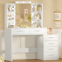 FIONESO Large Vanity Desk With Mirror & Lights, Makeup Vanity Table With 6 Drawers & 4 Open Storage Shelves, Vanity Desk Set For Women Girls - White - View 8