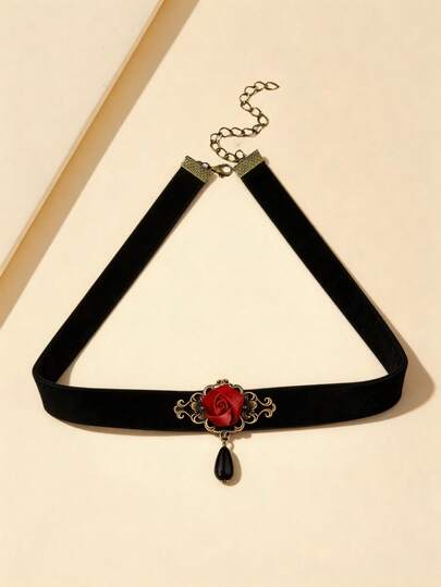 1 chiếc vòng cổ choker mặt dây chuyền hình giọt nước hoa hồng phong cách Gothic cổ điển dành cho nữ, vòng cổ ngắn.