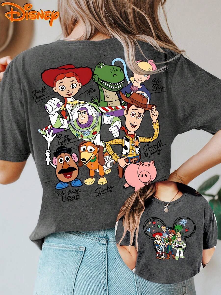 (Authorized By Disney Genuine) T-Shirts Printed Before And After The Signature Of All Members Of Toy Story, Buzz Lightyear Woody+All Members Of The Toy Family+All Members Of The Role Signature Cotton Tops, The Fabric Is Soft, Comfortable And Breathable, Suitable For Daily Wear, Shopping, Travel, Parties And Home Use. It Is Also Suitable As A Beautiful Gift. Every Woman Should Have One. - Xám - Xem 1