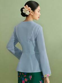 Nyonya 女款傳統優雅時尚刺繡長袖上衣，淺藍色 - 淺藍色 - 查看 2