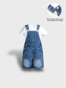 男童简约浅蓝色阔腿牛仔背带短裤，可调节肩带，宽松版型，百搭，四季皆宜 - 中等水洗藍 - 查看 14