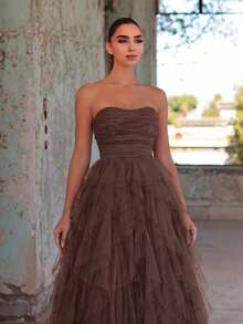 Faeriesty Romantic Strapless Wedding Dress, Layered Ruffle Tulle A-Line Silhouette, Suitable For Classic Weddings, Graduations, Galas, Birthdays And Other Occasions Spring - Brown - View 6