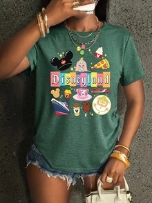Women's Casual Green Disneyland Print Tee Short Sleeve Round Neck Regular Fit Party Top With Slight Stretch Fabric, Perfect For Festival Outfits - 軍綠色 - 查看 1