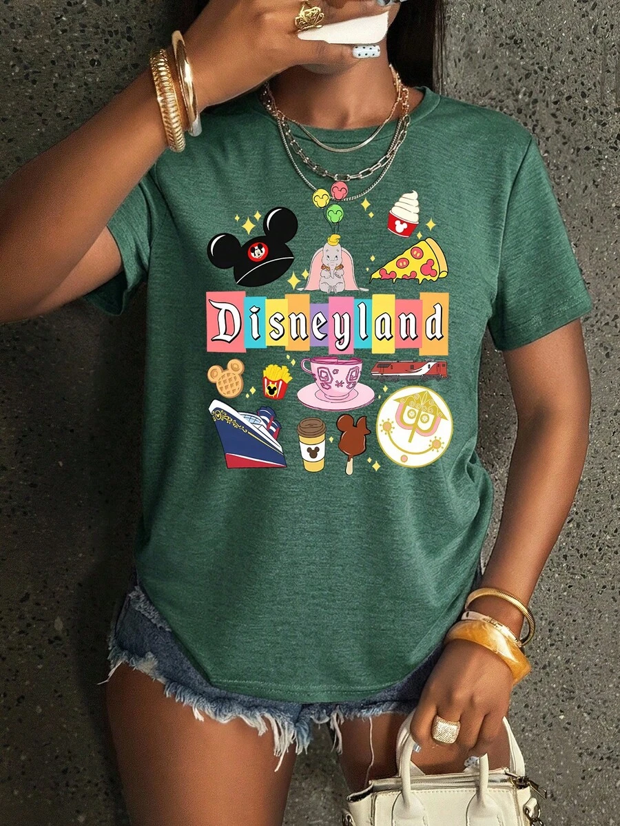 Women's Casual Green Disneyland Print Tee Short Sleeve Round Neck Regular Fit Party Top With Slight Stretch Fabric, Perfect For Festival Outfits - 軍綠色 - 查看 1