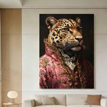 Enmarcado 1 pieza, con marco,  [2D Plano] Retrato de Animal Humorístico Leopardo en Túnica Rosa, Decoración Salvaje Caprichosa, Arte Único para Espacios Modernos y Divertidos, 2D Plano - Enmarcado - Ver 1