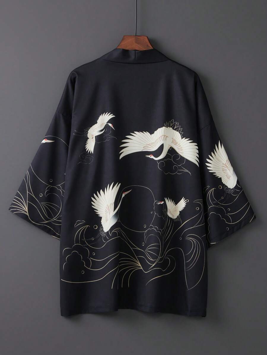 Minimalist Vintage Print Loose Comfortable Japanese Style Kimono Jacket, Unisex Spring/Summer Casual Beach Robe, Holiday Party Outfit, Black - Black - View 1