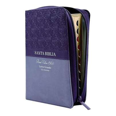 Biblia Reina Valera 1960 tamaño portátil Letra Grande 11 puntos Imitación Piel Lila/lila con flores. Cierre e índice.Colección bifloral.