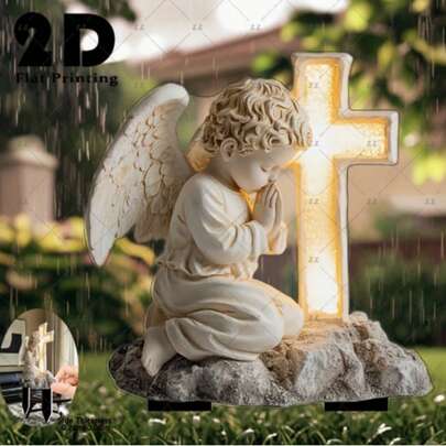 1/2个亚克力天使花园插牌，带发光十字架设计，波西米亚风格墓地艺术品，纪念礼物，户外庭院装饰，四季皆宜，无需电源，2D