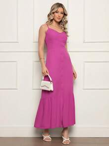 Elegant Women's Long Dress With Padded Cups, Lining, Adjustable Straps, And Front Buttons - 玫瑰紅 - 查看 8