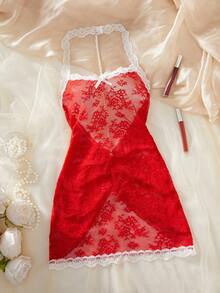 Women's Red & White Lace Sheer Backless Halter Neck Sexy Nightgown, Bow Design, Suitable For Wedding Bridal Lingerie Sexy Sleepwear - Red - View 8