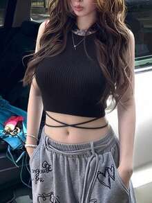 甜美火辣女孩针织吊带背心，无袖露脐修身设计，百搭夏季叠穿背心 - 黑色 - 查看 2