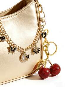 2pcs Set: Cherry Ornament And Sparkling Rhinestone Butterfly & Daisy Bag Charm Set. Includes 1 Red Cherry Keychain And Floral Decor - Fashionable DIY Handbag Accessories. Suitable For Travel Keychain, Travel Essentials, Bag Charm, Decorative Chain Or Wallet Accessories. Suitable For Various Occasions Such As Outings, Travel, Shopping, Work, Gifts, Parties, Etc. Mother Gifts - Multicolor - View 2