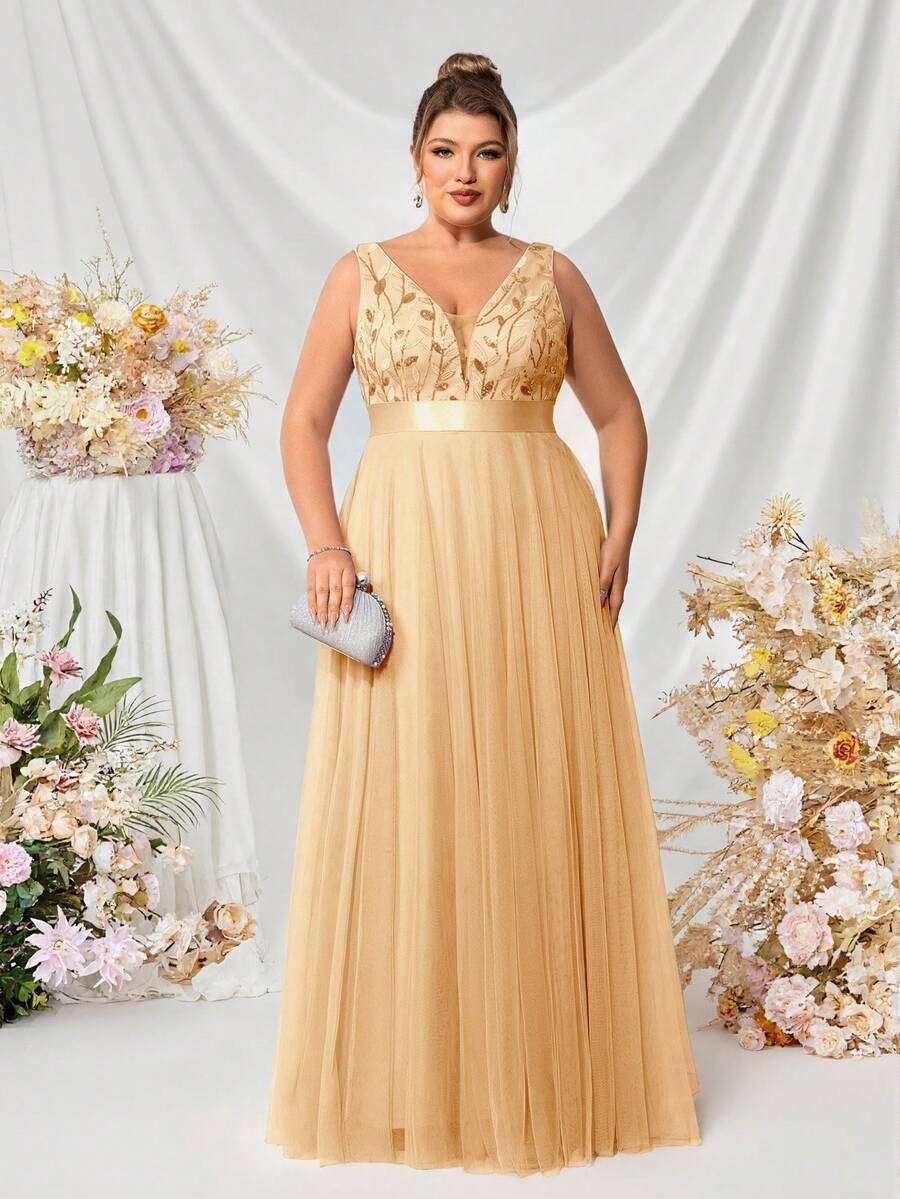 Đầm phù dâu dáng chữ A không tay cổ chữ V, đính sequin, phối lưới, cỡ lớn, thích hợp cho tiệc cưới, lễ tốt nghiệp, dạ hội, tiệc tối trang trọng mùa xuân.