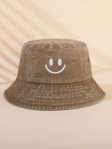 1pc Retro Solid Color Smiling Face Kids Bucket Hat, Outdoor Sports Travel Sun Protection Unisex Bucket Hat - Face - View 13