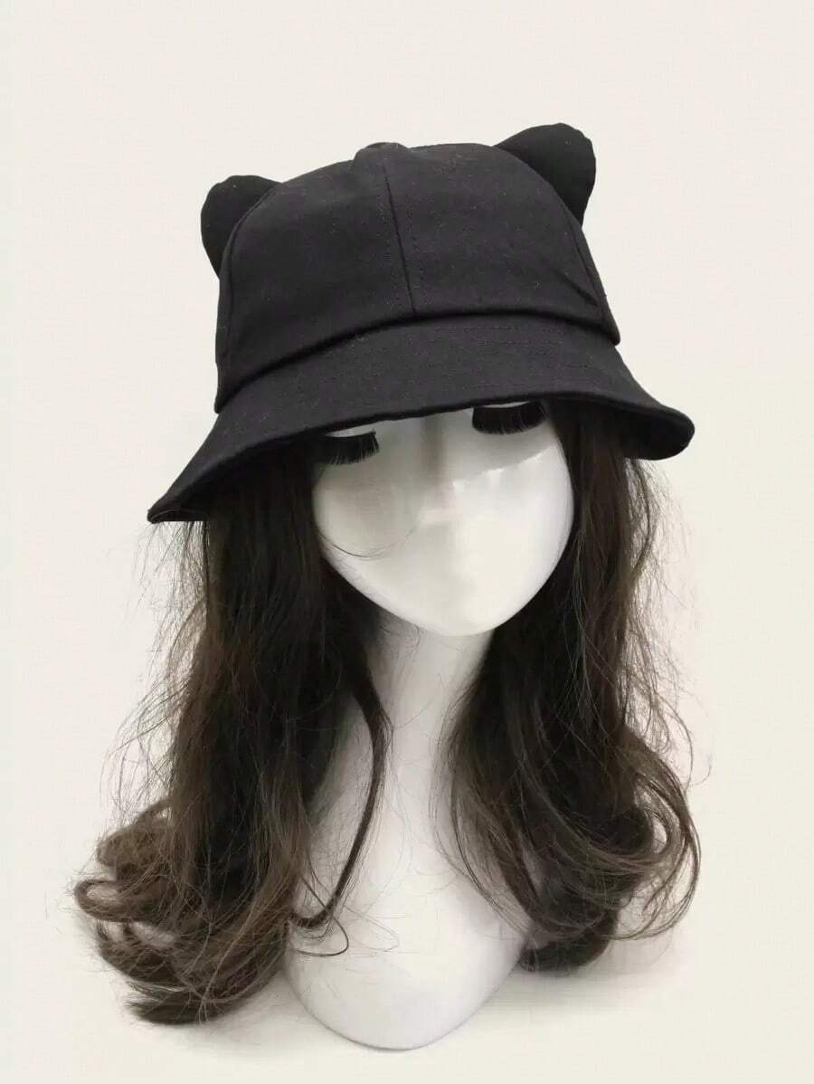 Solid Cat Ear Decor Bucket Hat Cute Winter Fall Winter Outfits - màu đen - Xem 1