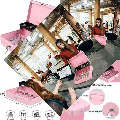Cash Box With Money Tray And Key Lock For Money Storage, Tiered And Cantilever Design, 4 Bill / 5 Coin Slots, Pink Color
