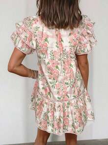 Summer Pink Floral Contrast Trim Tiered Hem Mini Dress Vacation Elegant - Multicolor - View 2