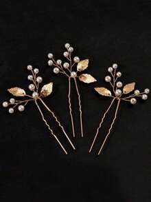 3pcs/Set Elegant Handmade Alloy Leaf & Pearl Bridal Hair Clips For Wedding,Festival,Party - Gold - View 2