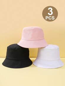 3pcs Kids Solid Color Bucket Hat, Unisex Casual Versatile Sun Protection Hat For Outdoor, Students - Black + White + Pink - View 5