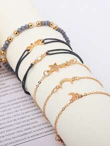 Set de 6 piezas de pulsera con colgante personalizado con letras en inglés "Love", estrellas, lunas, set de pulsera de cadena para la mano - Multicolor - Ver 2