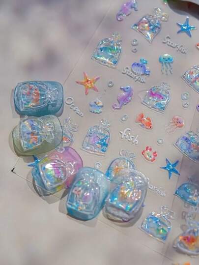 1pc New Jelly Nail Stickers With Adhesive Backing, Goldfish, Ocean, Starfish, Jellyfish Designs, Nail Art Decorations, Y2K Style, Suitable For DIY Manicure At Home Or Salon