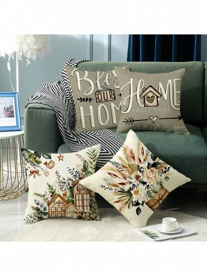 4pcs Pastoral Floral & House Print Pillow Covers 45x45cm, Soft & Skin-Friendly Sofa Cushion Covers, Nordic Style Home Decor For Bedroom, Living Room, Headboard, Cozy & Fade-Resistant Pattern, Suitable For Sofa, Bed, Window, Car, Pillow Inserts Not Included