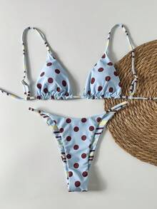 女款比基尼泳衣，條紋與圓點可反穿休閒海灘套裝，波希米亞風，適合度假、返校、夏季 - 淺藍色 - 查看 4