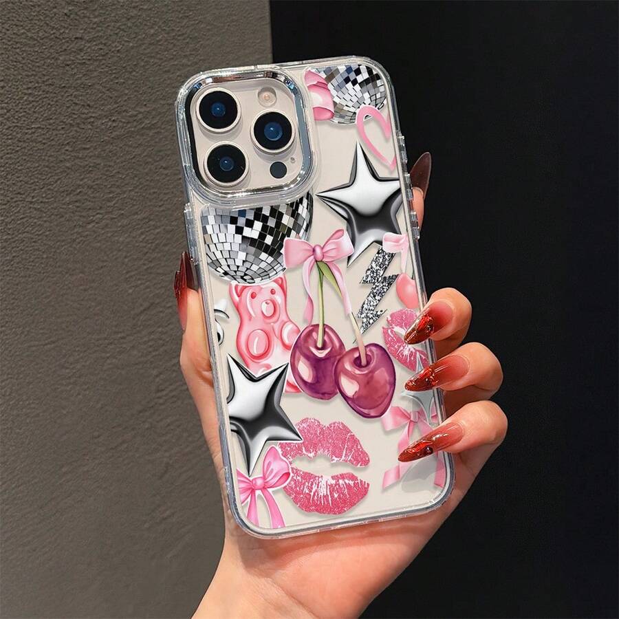 1个金属边框透明个性化唇形粉色樱桃蝴蝶结闪电拼图图案手机壳，适用于 7/8/7 Plus/8 Plus/X/XS/XR/XS Max/11/11 Pro/11 Pro Max/12/12 Pro/12 Pro Max/12 Mini/13/13 Pro/13 Pro Max/13 Mini/14/14 Pro/14 Pro Max/14 Plus/15/15 Pro/15 Pro Max/15 Plus/16/16 Pro/16 Pro Max/16 Plus/17/17 Pro/17 Pro Max/Air - 彩色 - 查看 1