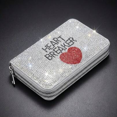 Medium Size Letter, Heart, Lip Cute Cartoon Wallet, Shiny Rhinestone PU Short Wallet, Copper Zipper Card Holder, Mini Pouch, Zipper Wallet, 2-In-1 Women's Wallet, European And American Popular INS Girly Leather Evening Bag Mini Wallet