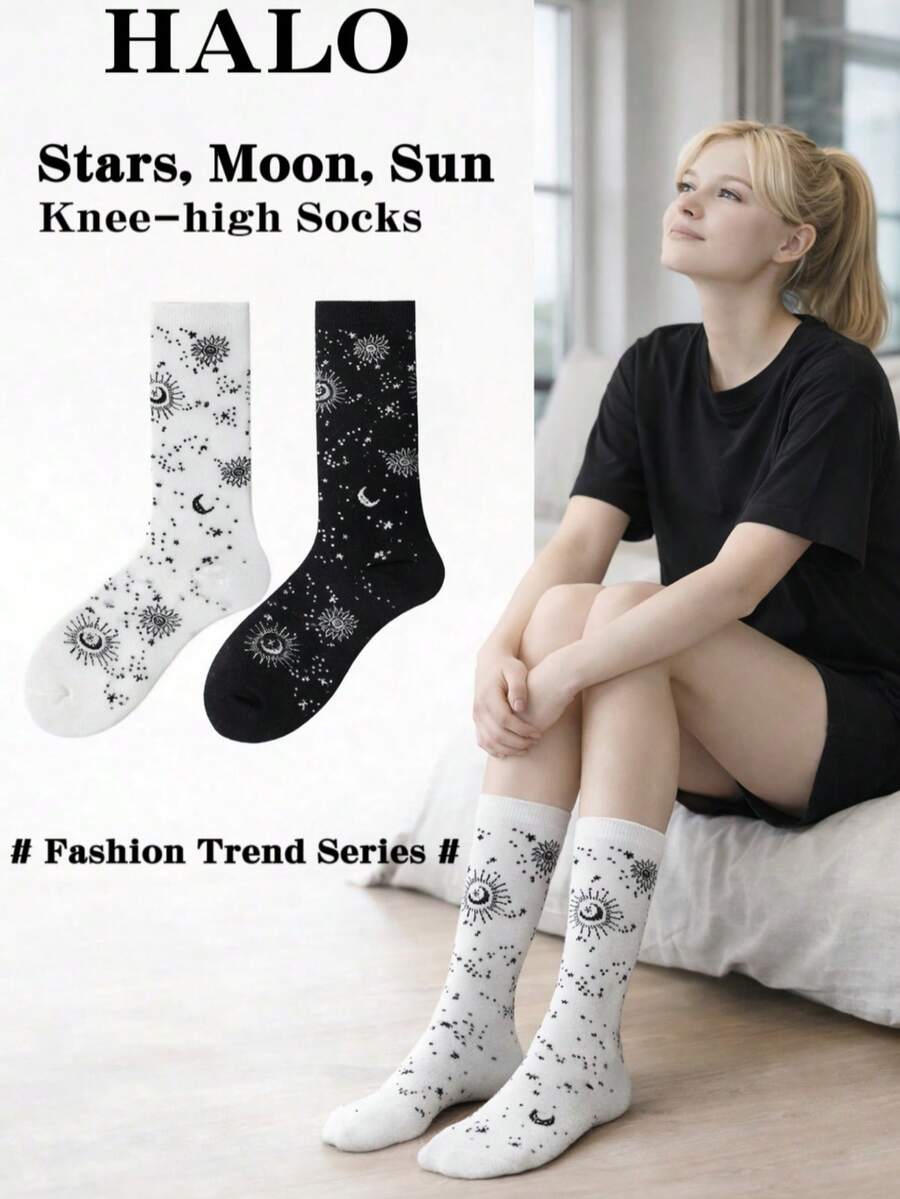 1/2 đôi tất dài đến bắp chân, họa tiết mặt trời, mặt trăng, ngôi sao đen trắng ngẫu nhiên, đa năng cho mặc hàng ngày và đi làm, mùa xuân/hè. - Đen và trắng - Xem 1