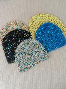 1 chiếc mũ len dệt kim đính sequin nhẹ, thủ công, dành cho nữ, mùa xuân/hè, kiểu dáng thời trang khoét lỗ, phù hợp cho mặc hàng ngày, phong cách đường phố và du lịch boho. - Nhiều màu - Xem 6