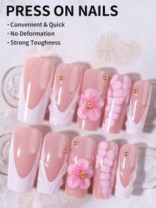 24片长方形3D凝胶美甲贴纸，花卉装饰，珍珠白法式亚克力假指甲套装，包含1瓶胶水和1个指甲锉，适合夏季和法式美甲，适用于日常工作、派对等场合。 - 彩色 - 查看 3