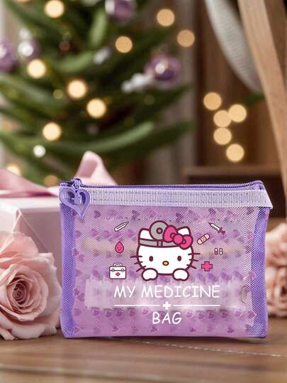 SANRIO 1pc Hello Kitty Pattern Mini Mesh Pouch, Printed With "Medicine" Text And Cross Pattern, Suitable As First Aid Kit, Medical Emergency Bag, Outdoor/Home Medicine/Pill Storage Bag, Travel Organizer, Cosmetic Bag, Lip Balm Holder, Also An Ideal Gift For Back To School, Birthday, Bathroom Storage, Dorm Toiletry Bag, For Wife, Teacher, Family, Friends