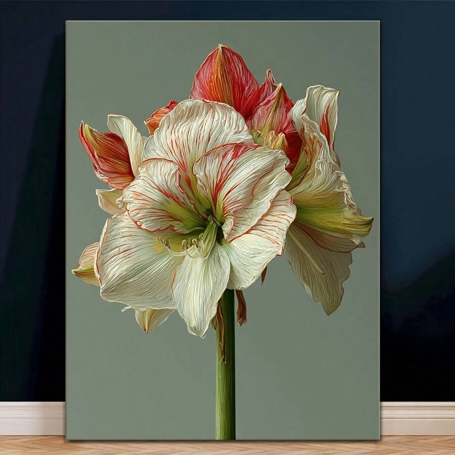 Impresión artística de planta de amarilis crema, estilo moderno y de mediados de siglo, 2D plano, 30.48X40.64 cm - Diseño 2D plano - Elegante decoración de pared para sala de estar, dormitorio u oficina - Mural botánico realista blanco y verde, perfecto para el Día de San Valentín - Sin marco - Ver 1