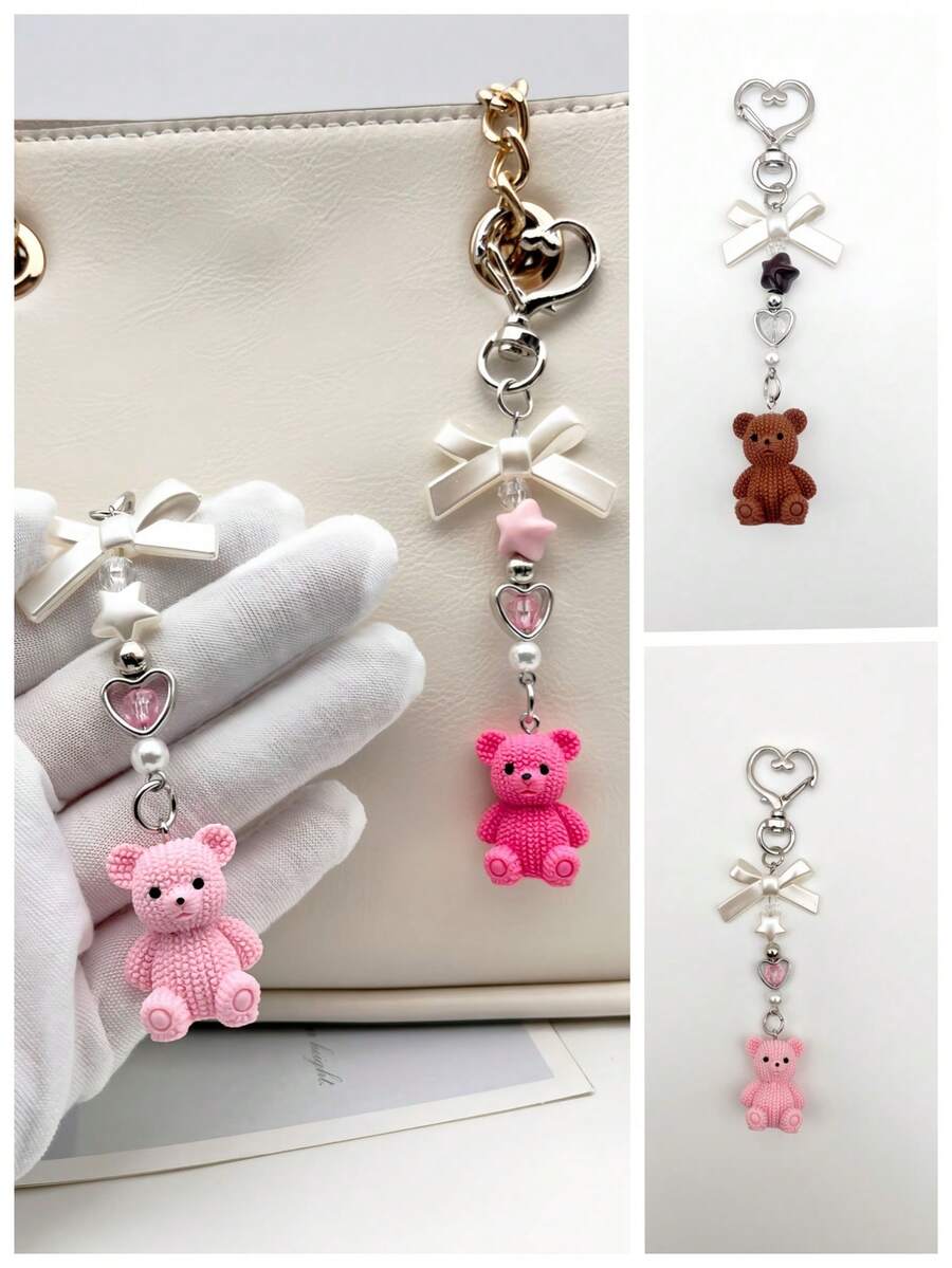 1 pieza Lindo accesorio de bolso con oso, con decoraciones creativas de corazón y estrella, llavero de oso rosa/marrón/rojo rosa adecuado para mujeres y niñas, colgante de oso con lazo exquisito, decoración colgante de oso de resina para mochila, bolso, mochila escolar, habitación, regalo dulce, accesorio de coche, llavero - Multicolor - Ver 1