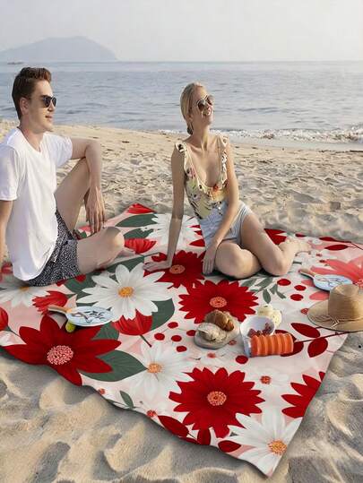 بطانية شاطئ مطبوعة بطبعة زهرية أنيقة، سجادة نزهة مقاومة للماء محمولة، وسادة تخييم قابلة للطي للخارج، مناسبة للسفر والتنزه والعطلات الشاطئية والأنشطة الخارجية الأساسية