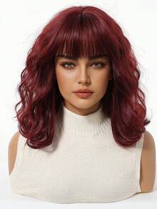 12 Inch Short Wavy Bob Wig, Classic Wine Red Water Wave Bob Wig With Bangs, Heat Resistant Natural Look, Suitable For Daily Wear, Party, Cosplay - Burgundy - View 3
