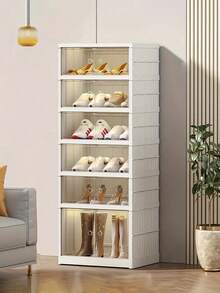 3/6/9-Layer Foldable shoe rack storage rack, suitable for wardrobe plastic foldable shoe storage box, transparent shoe box, stackable door, easy to assemble shoe cabinet with lid, large size - Blanco - Ver 5