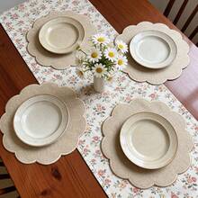 2/4/6pcs Wavy Edge Round Placemats, Cloud Embroidered Round Placemats, Rustic Hemp Cloth Placemats Set, Natural Farmhouse Style Table Mats, Heat Insulation - Multicolor - View 5