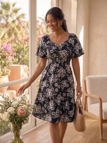 Women's Floral Dress, Summer Style, Elastic Waist, Short Sleeves, Lightweight, Casual - 黑色 - 查看 1