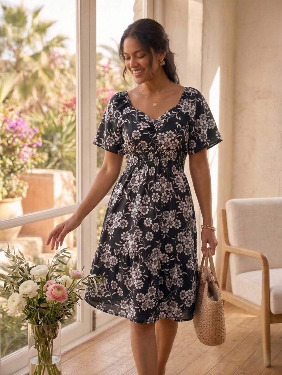 Women's Floral Dress, Summer Style, Elastic Waist, Short Sleeves, Lightweight, Casual - 黑色 - 查看 1