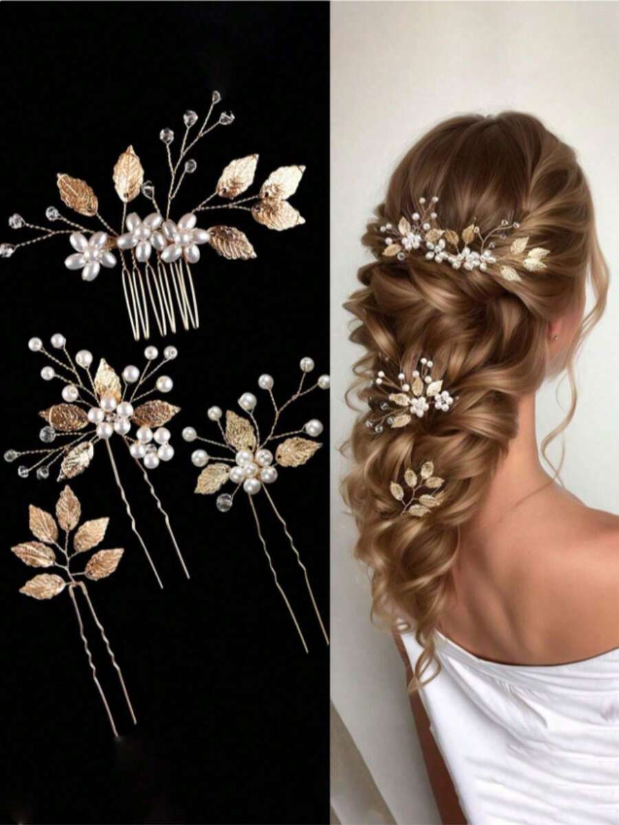 4 pezzi Accessori per capelli da sposa, corona nuziale intrecciata a mano in lega dorata con fiori finti e perle, gioielli per abiti da festa, matrimonio, estate, spiaggia, compleanno, elegante - Multicolore - Visualizzare 1