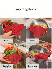 Adjustable PP Material Pot Strainer And Pasta Strainer, Suitable For Draining Vegetables And Pots, Suitable For Household Use, With Drainage Barrier, Available In Red, Yellow And Blue, Clip-On Strainer, Suitable For All Cookware | Plastic Pasta Strainer, Clip-On Food Strainer, Essential Kitchen Tool And Appliance Accessory, Suitable For Draining Meat, Vegetables, Fruits, Etc. - Multicolor - View 3