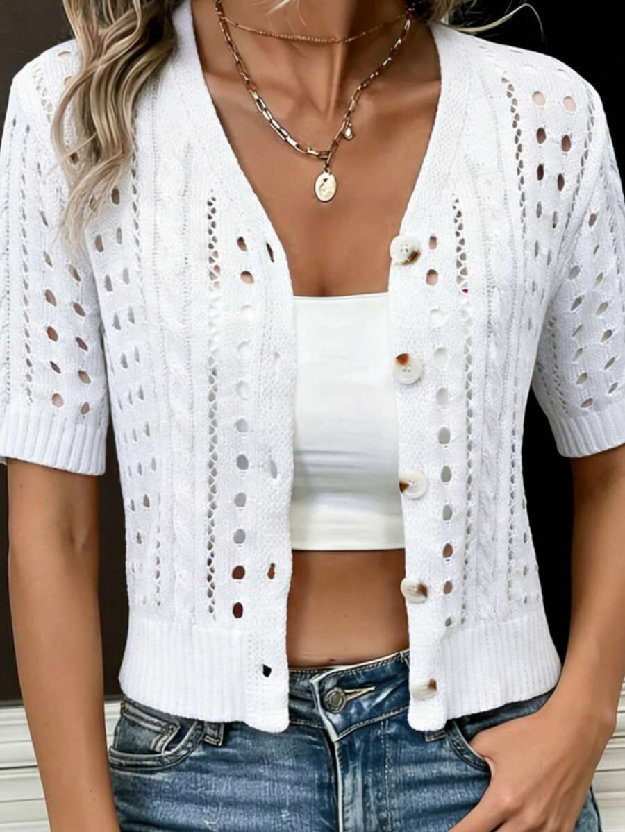 Women's Elegant Knit Sweater, Solid Color Hollow Knitwear, Ribbed Button Cardigan, Suitable For All Seasons, Daily Wear Vacation White Summer - White - View 1