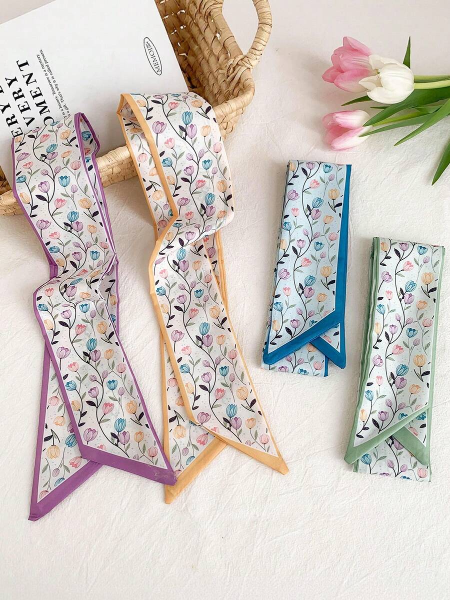 4 piezas Pañuelos florales versátiles para mujer, diademas casuales, pañuelos de seda multifuncionales para decorar bolsos, muñecas, cabello, opción de regalo ideal para accesorios de playa, atuendos de verano, pañuelos para mujer, diademas de vacaciones - Multicolor - Ver 1