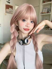 1 Piece Synthetic Heat-Resistant Straight Hairpiece In Beige Glod Hair Long Wig, 26 Inches Long, Made From Fiber, Suitable For Daily Use, Natural And Realistic Hairpiece. - 珊瑚粉 - 查看 6