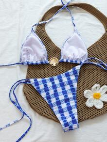 Atasan Bikini Segitiga Motif Kotak-kotak, Desain Leher Halter, Tali Belakang yang Dapat Diatur, Cup yang Mendukung, Bantalan yang Dapat Dilepas, Kain Lembut dan Elastis, Cocok untuk Liburan di Pantai - Biru - View 4