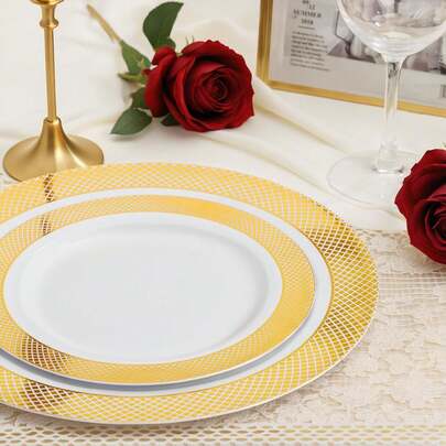 Gold Rimmed Plate, White Base With Gold Floral Pattern Decorative Rim, Pasta Plate, Salad Plate, Reusable Party Platter, Elegant And Luxurious Dinnerware, Suitable For Christmas Party, Birthday, Wedding, Outdoor Picnic, Team Building, Campus Gathering, Buffet And More