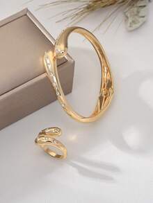 2pcs Set (Rhinestone Water Drop Bracelet And Rhinestone Water Drop Ring), Fashion Rhinestone Inlaid Open Symmetrical Double Water Drop Shaped Cross Bracelet 1pc And European And American Fashion Rhinestone Inlaid Geometric Water Drop Cross Vintage Gold Ring 1pc. Mother's Day Jewelry, Exquisite, Sweet And Elegant Style With Simple And Vintage Design - Gold - View 7