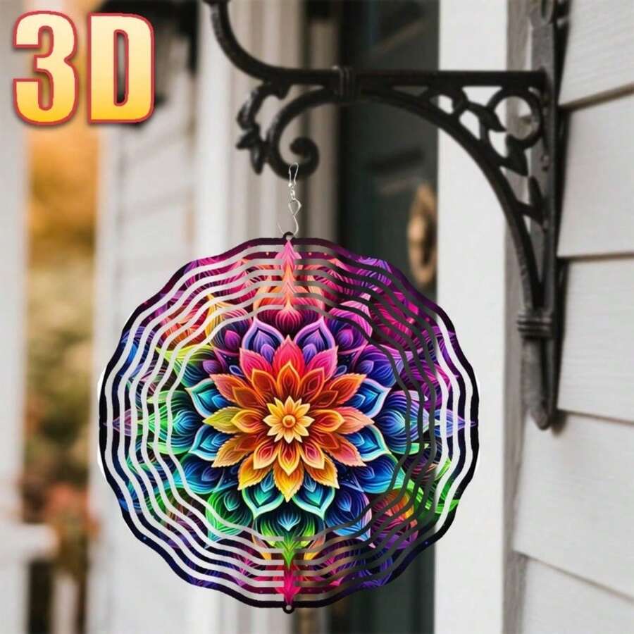3D彩色曼陀罗花卉艺术印刷品，尺寸25.5厘米/10英寸*25.5厘米/10英寸，带可旋转挂钩，可360° DIY创意风铃装饰，耐用金属材质，节日礼物